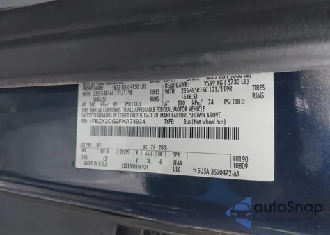 2015 Ford Transit-350 Xlt z USA, uszkodzony, nr VIN 1FBZX2CG2FKA74934